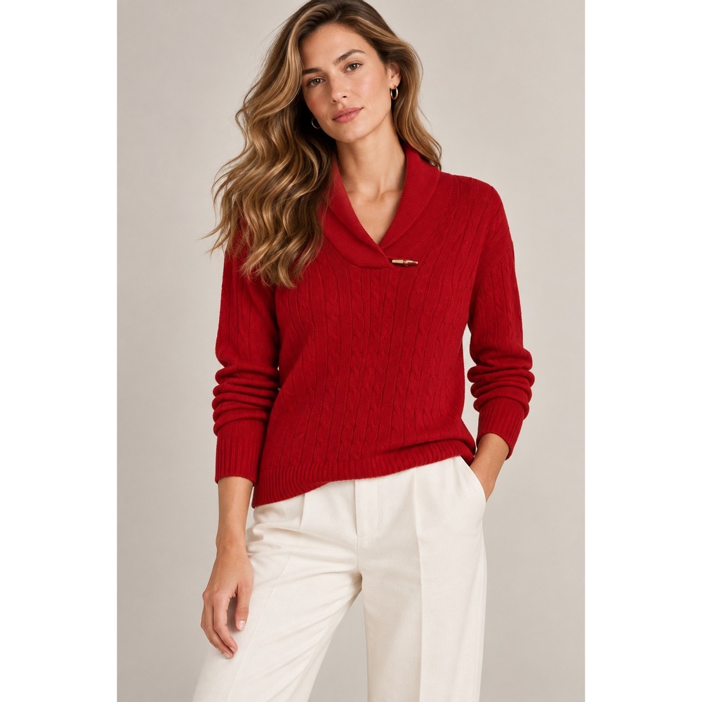 Lauren Ralph Lauren Red Cotton Shawl Collar Ol Money preppy Sweater, L